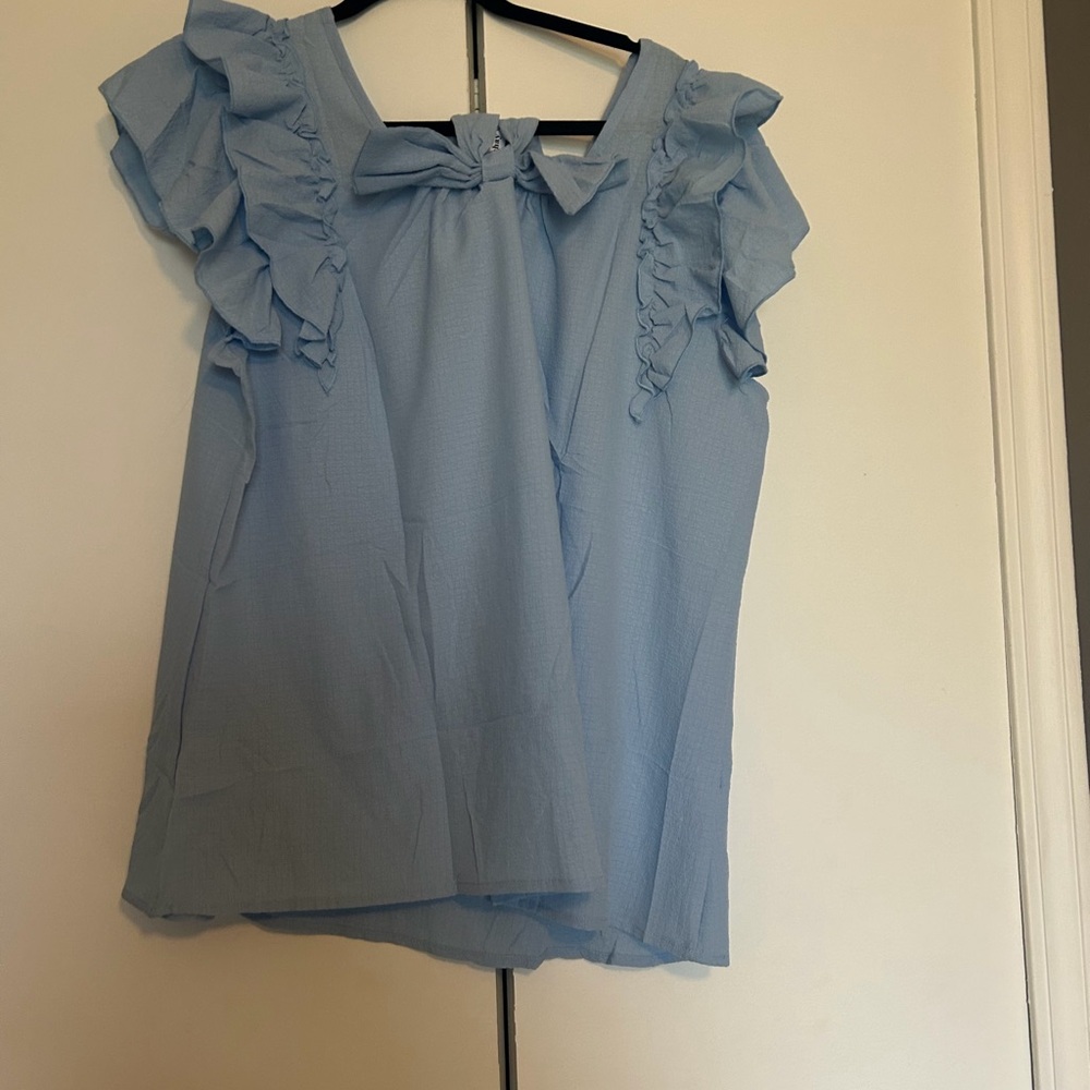 Women's Light Blue Ruffle Tie-Neck Blouse